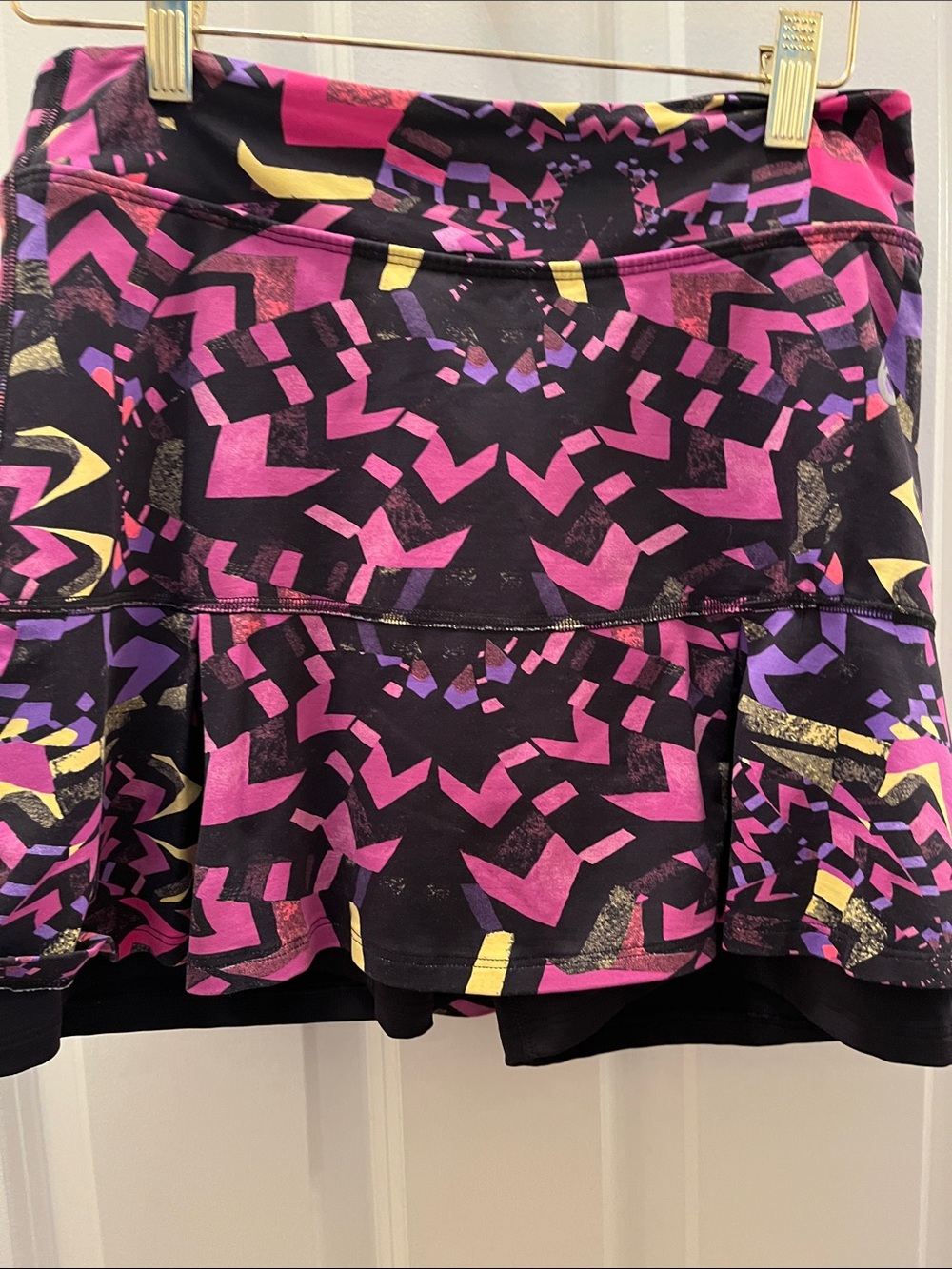 Mini Skort in Black with Pink & Purple Geometric Print. Donna Jo